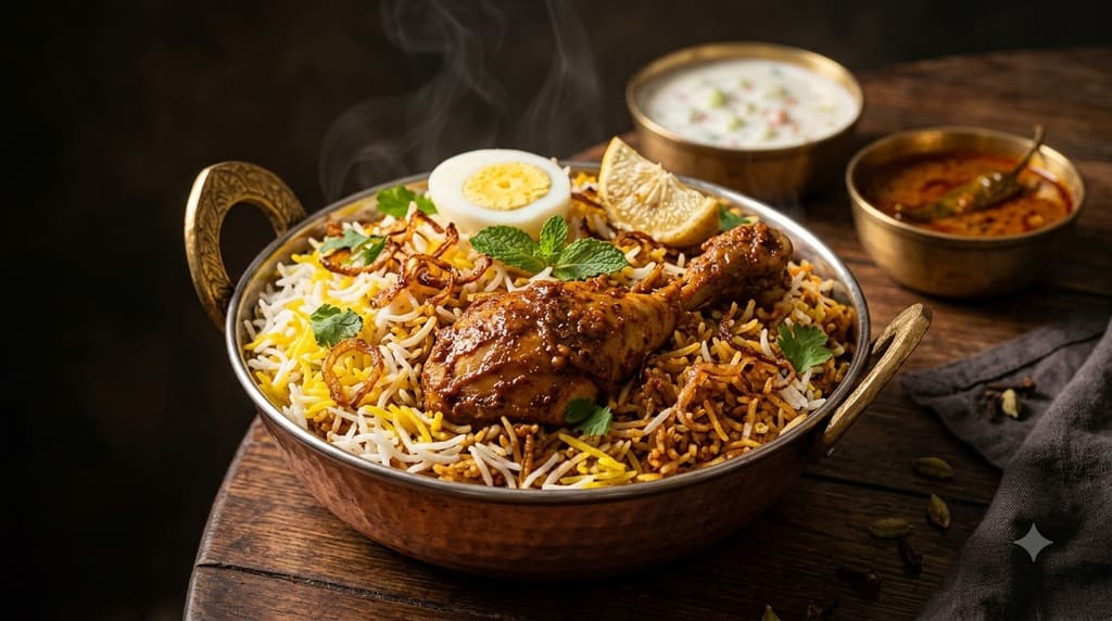 A copper bowl of chicken biryani topped with fried onions, boiled egg and mint, with raita and a curry on the side