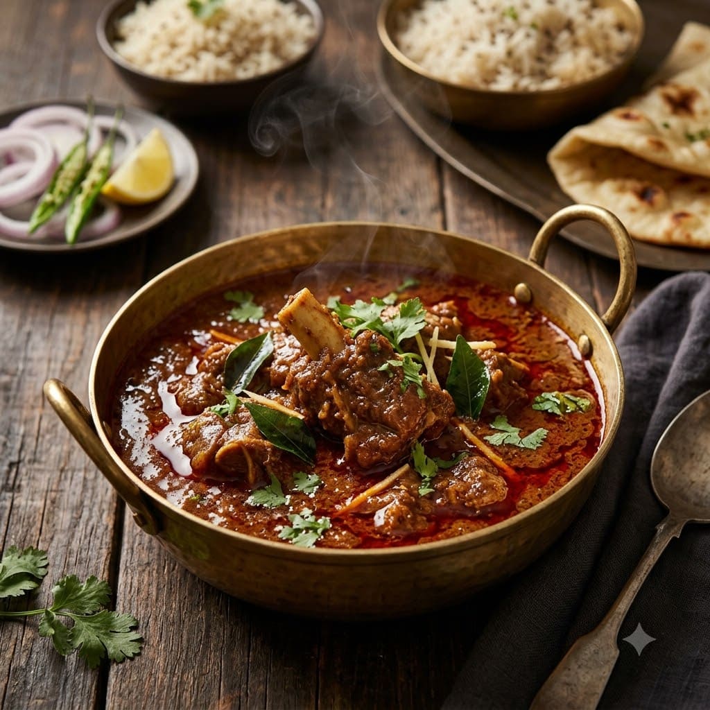 A brass kadai of meat curry garnished with coriander and ginger, with naan, rice and sliced onions beside it
