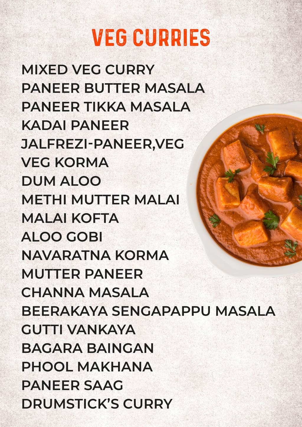Catering menu page: veg curries