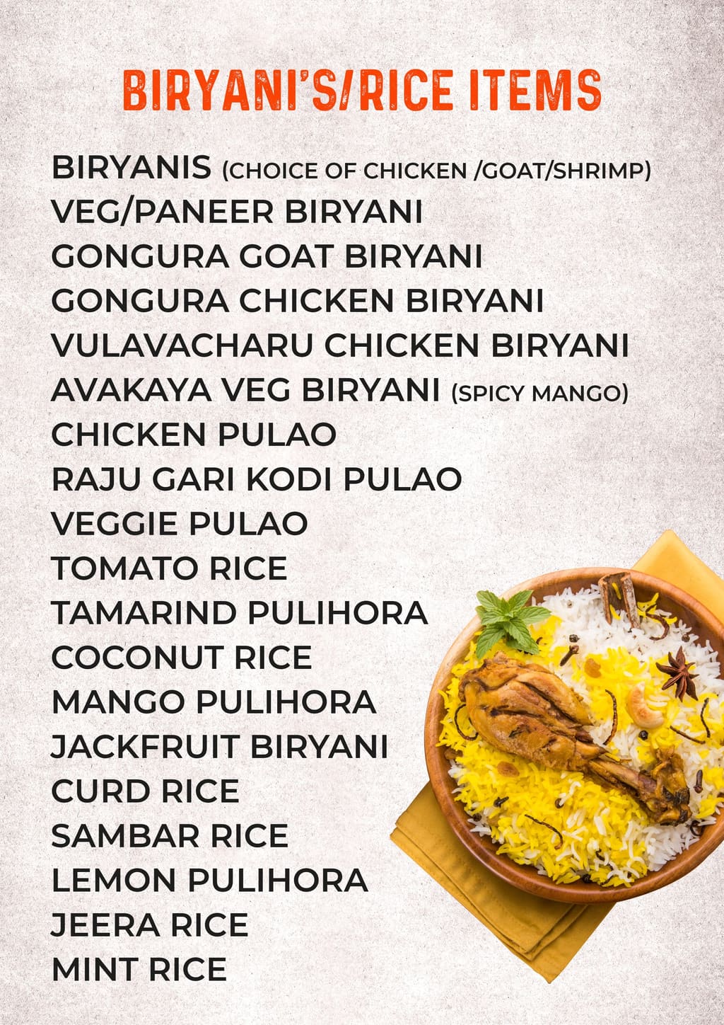 Catering menu page: biryanis and rice items