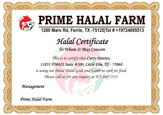 Halal certificate from Prime Halal Farm